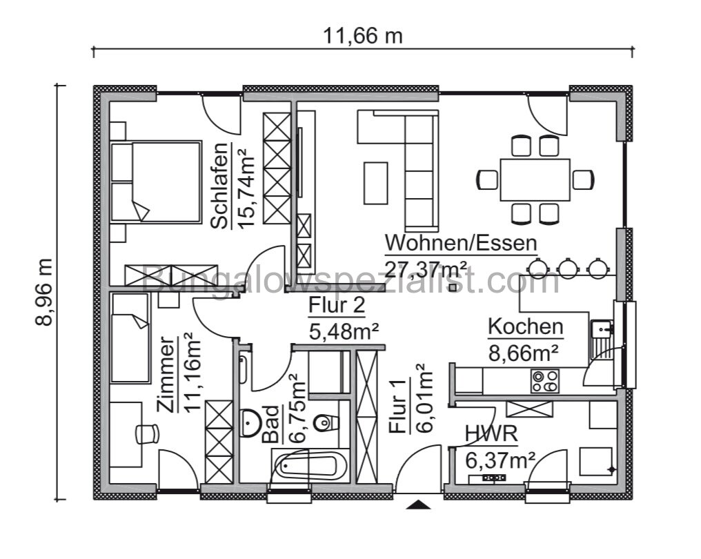 Bungalow barrierefrei 87 Qm vom Bungalowspezialisten Schlüsself. / FB / WP / PV- Anlage /