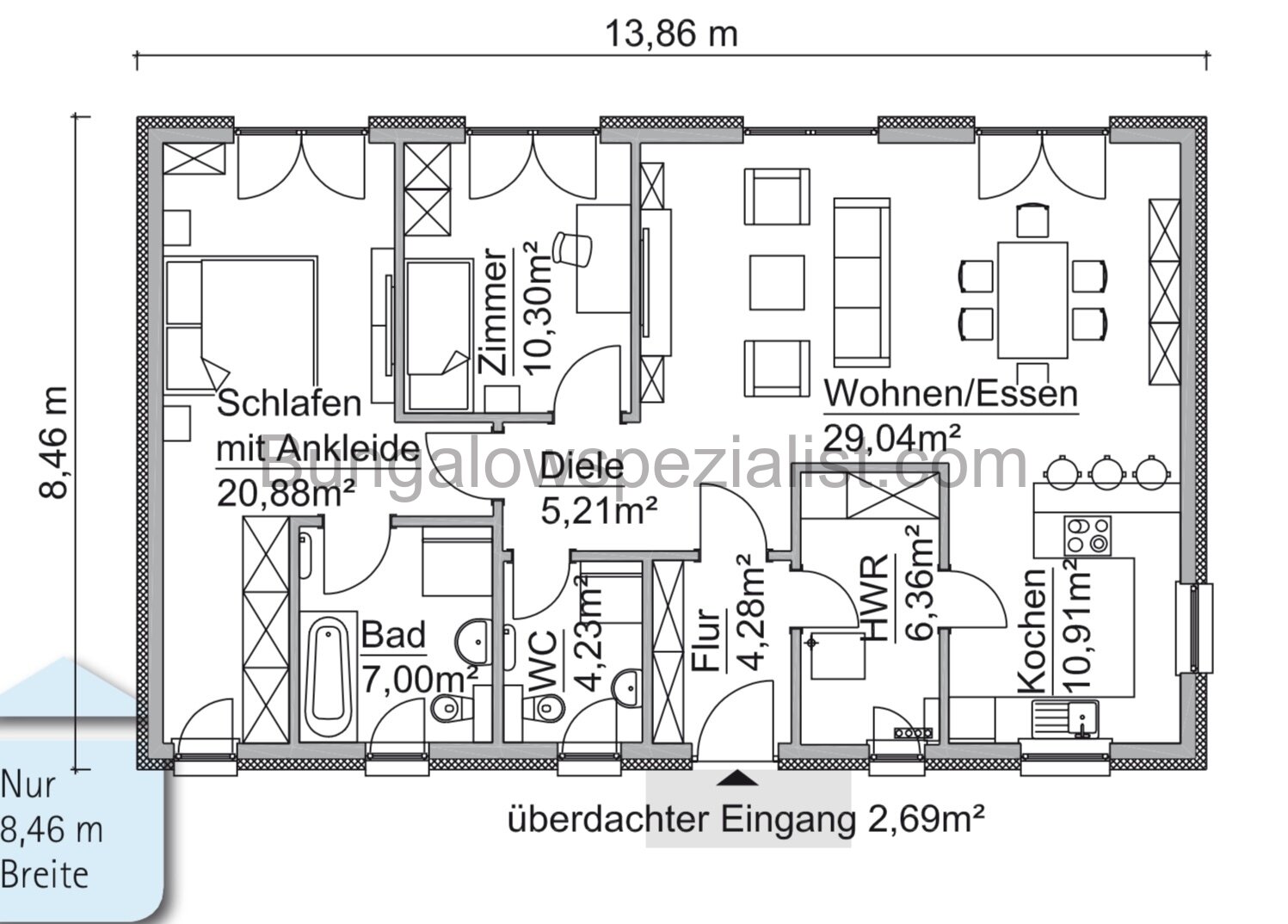 Rechteckbungalow (100 Qm) vom Bungalowspezialisten barrierefrei / PV /3 Zi / WP / FB