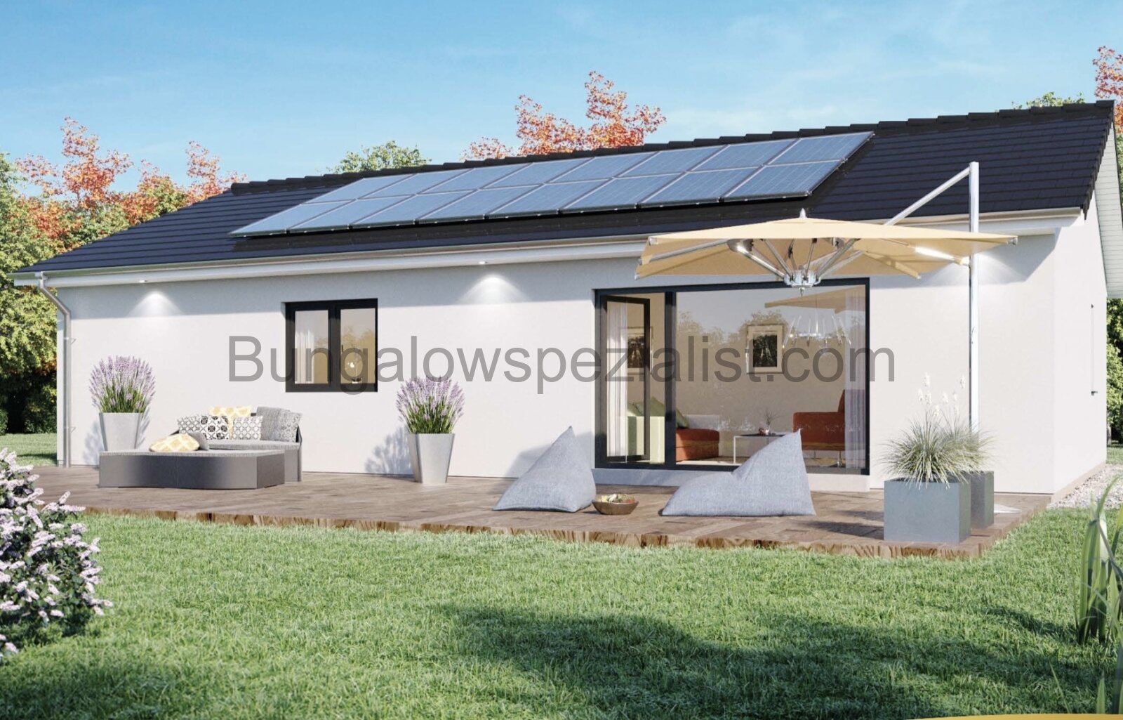 Rechteckbungalow (100 Qm) vom Bungalowspezialisten barrierefrei / PV /4 Zi / WP / FB