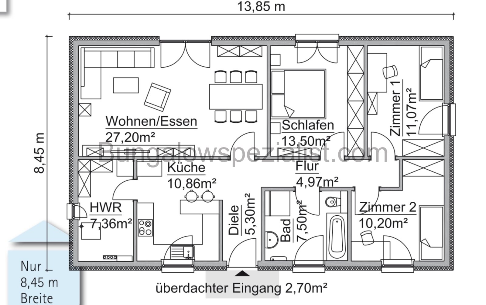 Rechteckbungalow (100 Qm) vom Bungalowspezialisten barrierefrei / PV /4 Zi / WP / FB