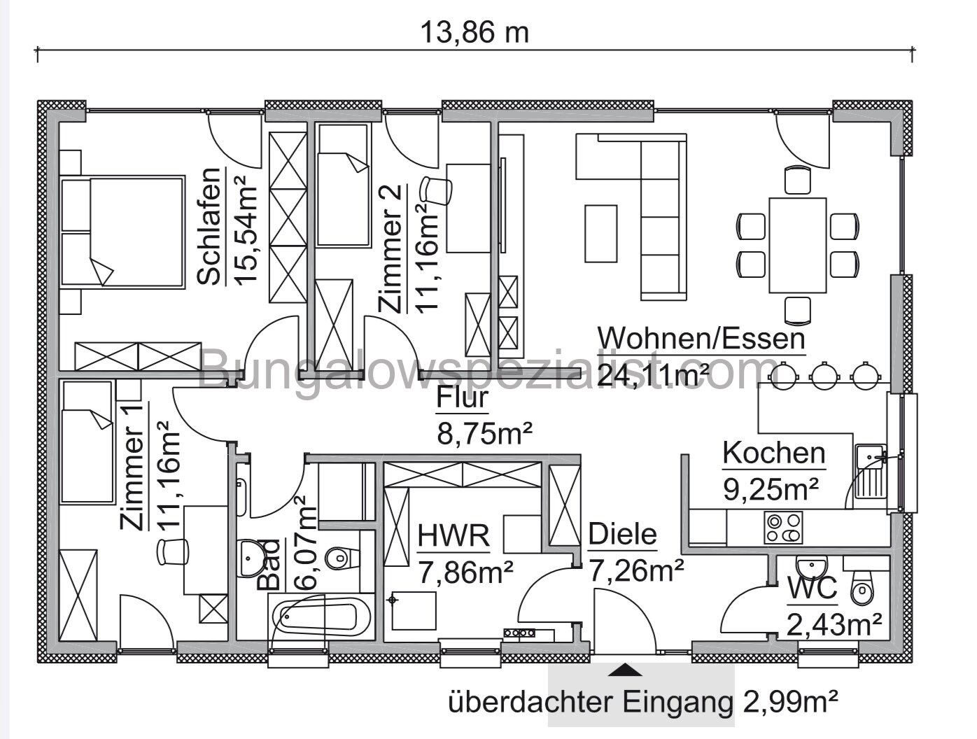 Rechteckbungalow (106 Qm) vom Bungalowspezialisten 4 Zi /FB / PV / WP Seniorengerecht