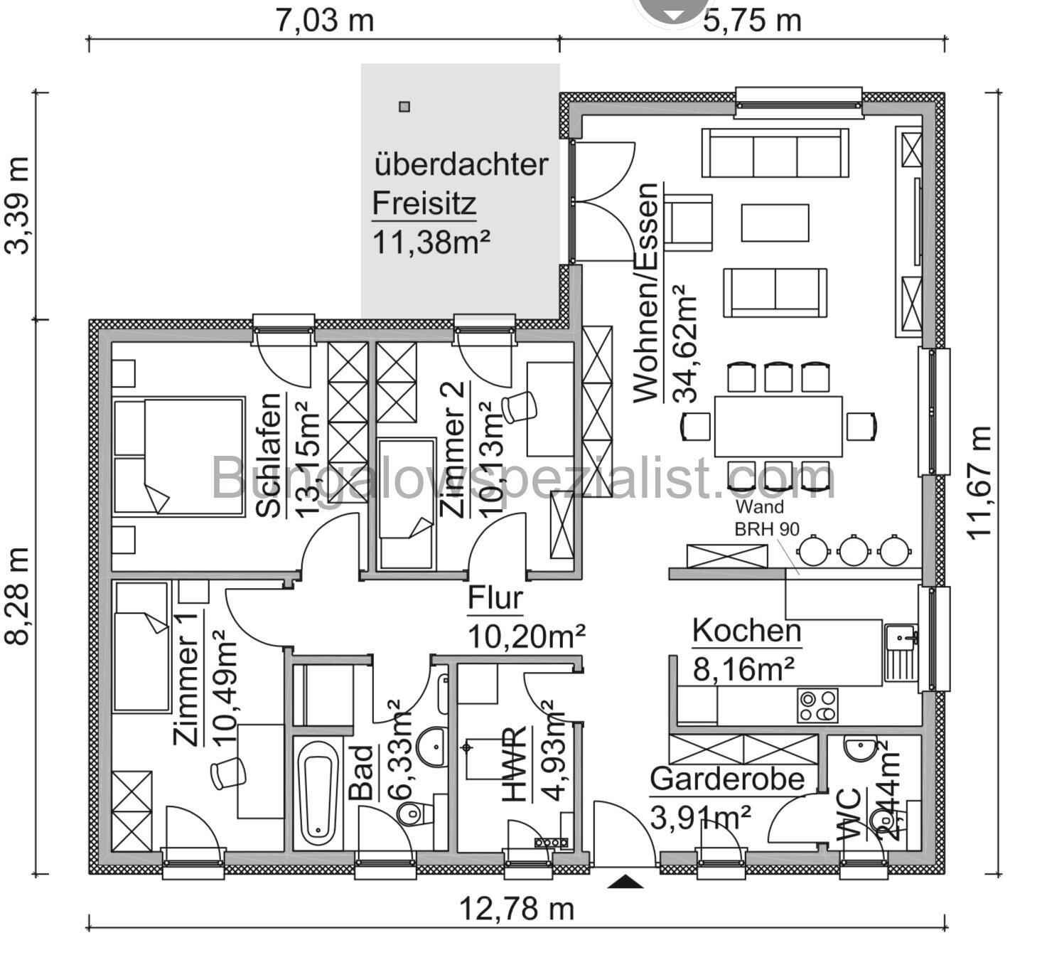 Winkelbungalow (115 Qm) vom Bungalowspezialisten / barrierearm / FB / WP / PV- Anlage