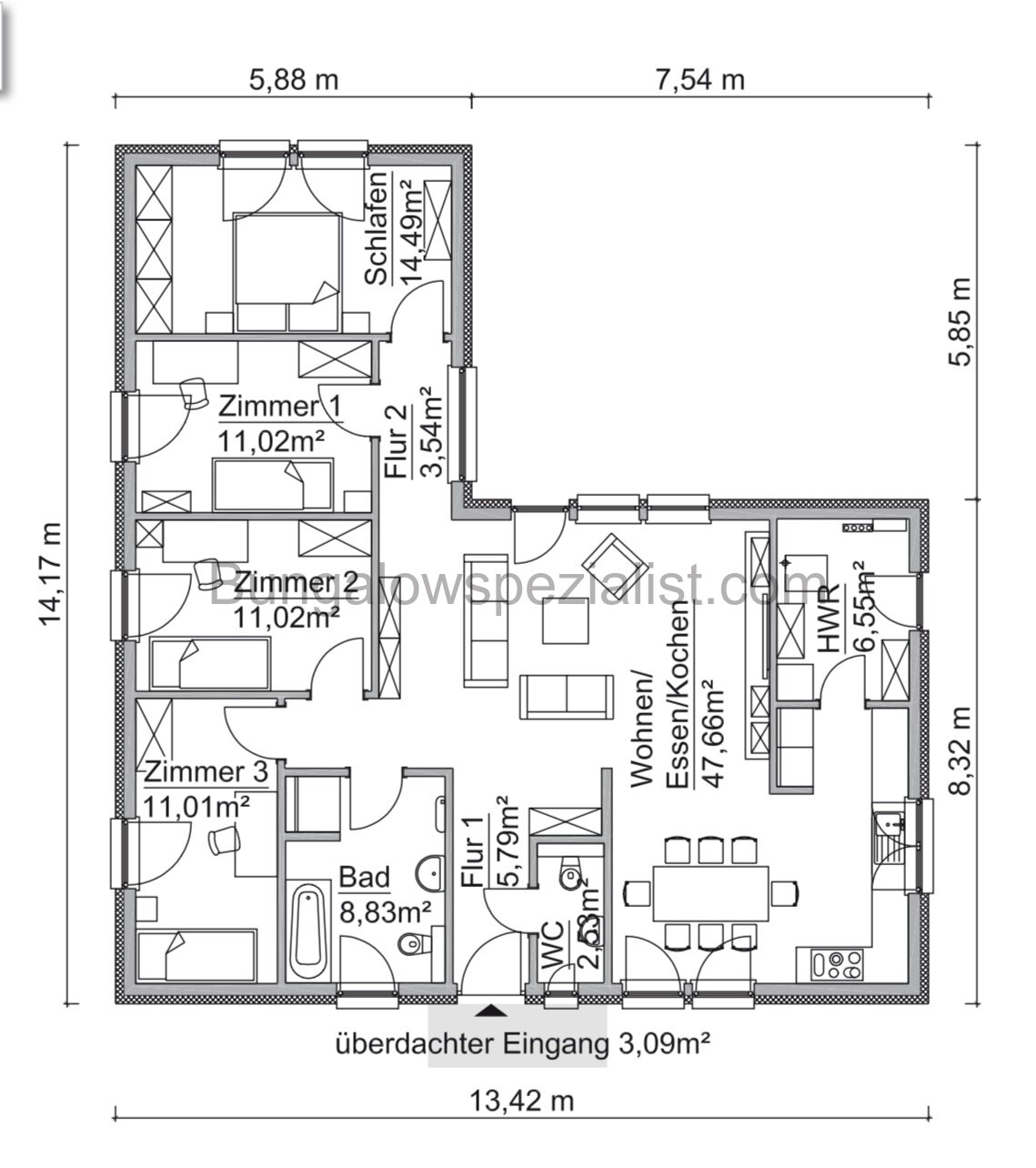 Winkelbungalow ( 126 Qm) vom Bungalowspezialisten /barrierefrei / WP / FB / PV- Anlage
